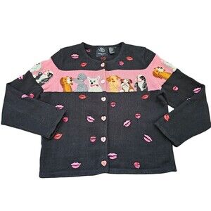 Michael Simon M Cardigan Dog Sweater Kiss Lips Embroidered Beaded Black Pink